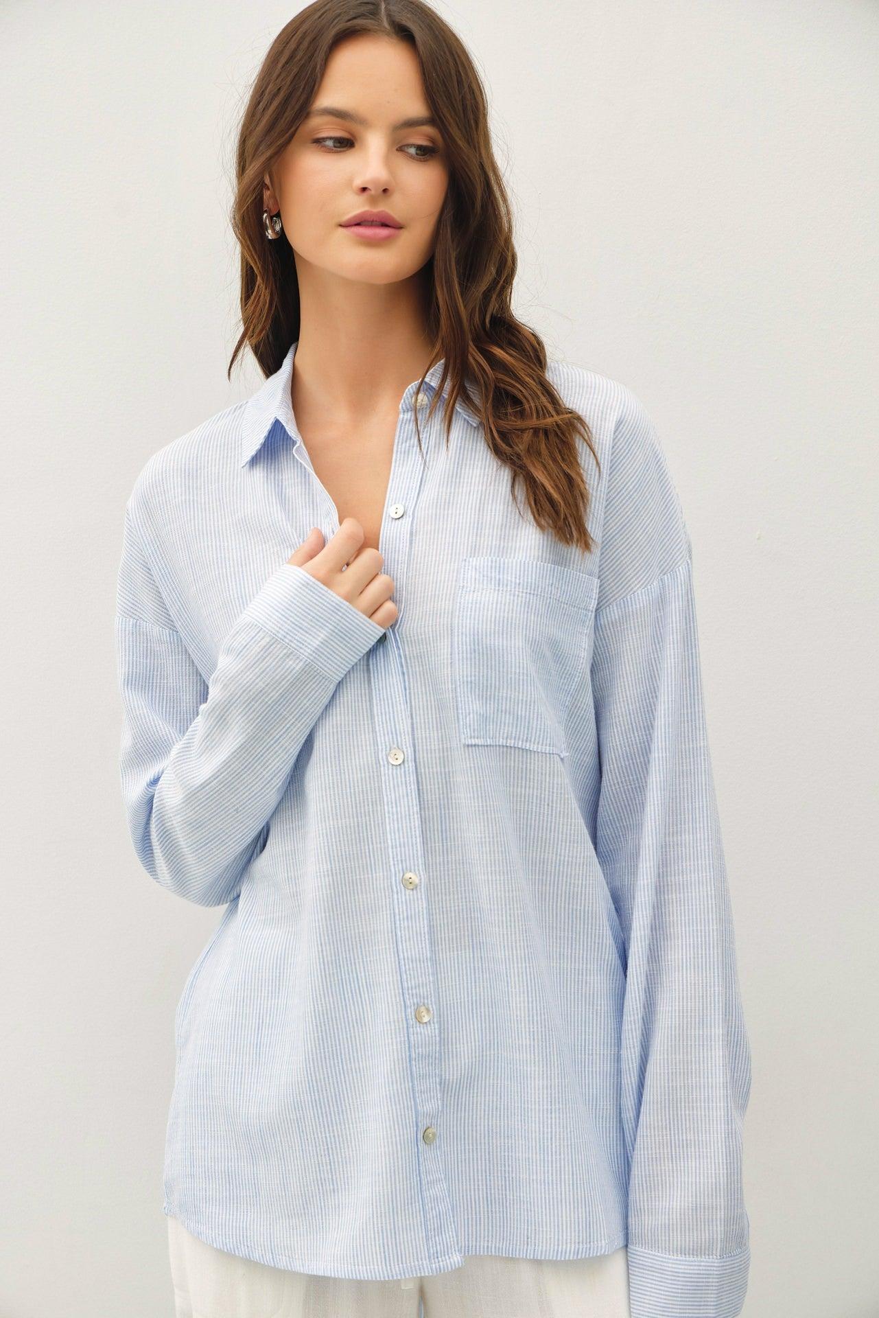 Tilda Hairline Stripe Button Down Shirt - Chambray