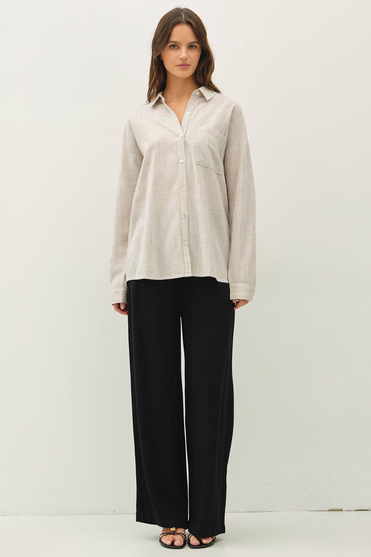 Tilda Hairline Stripe Button Down Shirt - Khaki