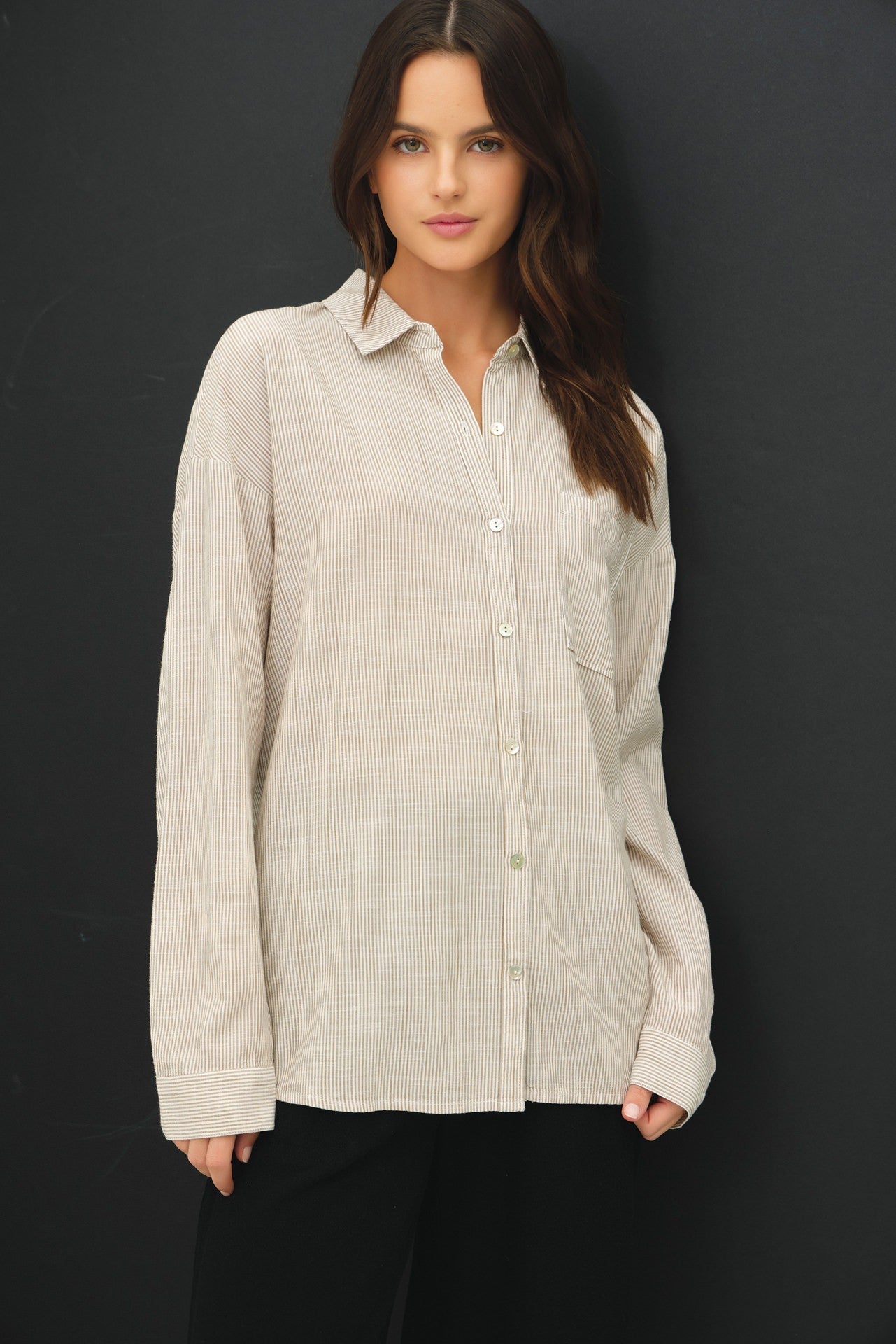 Tilda Hairline Stripe Button Down Shirt - Khaki