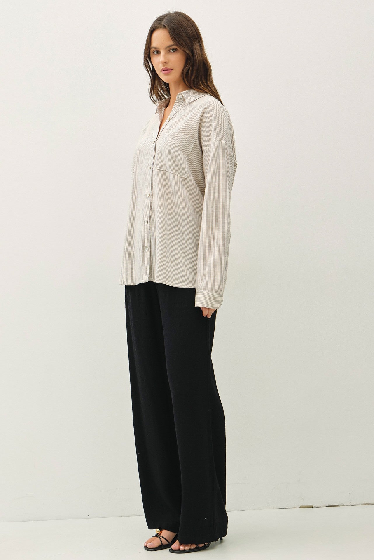 Tilda Hairline Stripe Button Down Shirt - Khaki