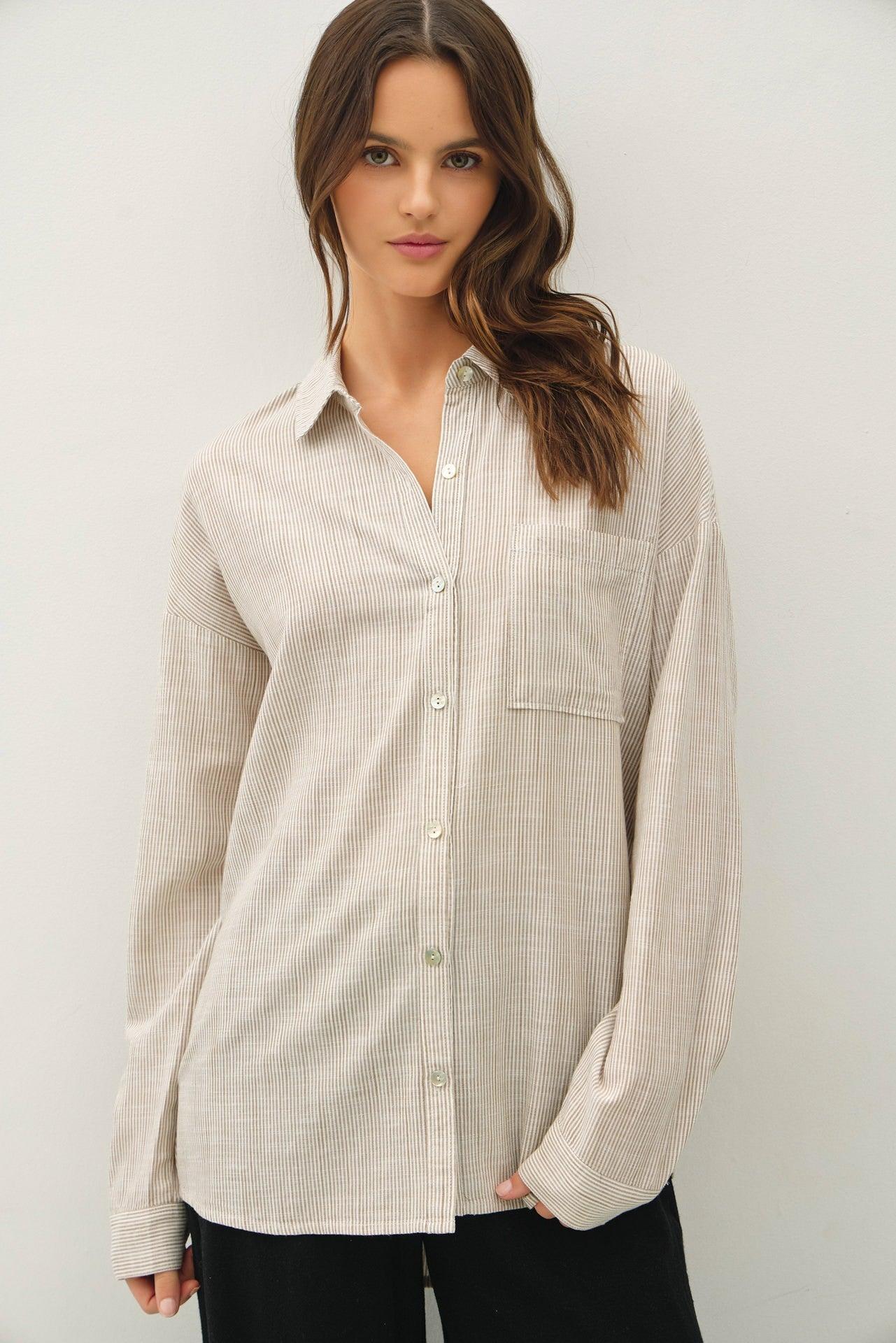 Tilda Hairline Stripe Button Down Shirt - Khaki