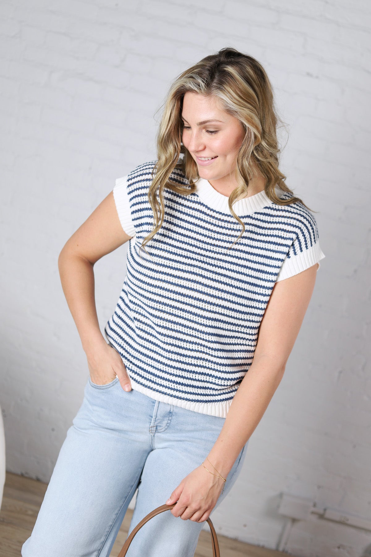 Tove Textured Stripe Sweater Top - Ivory/Navy