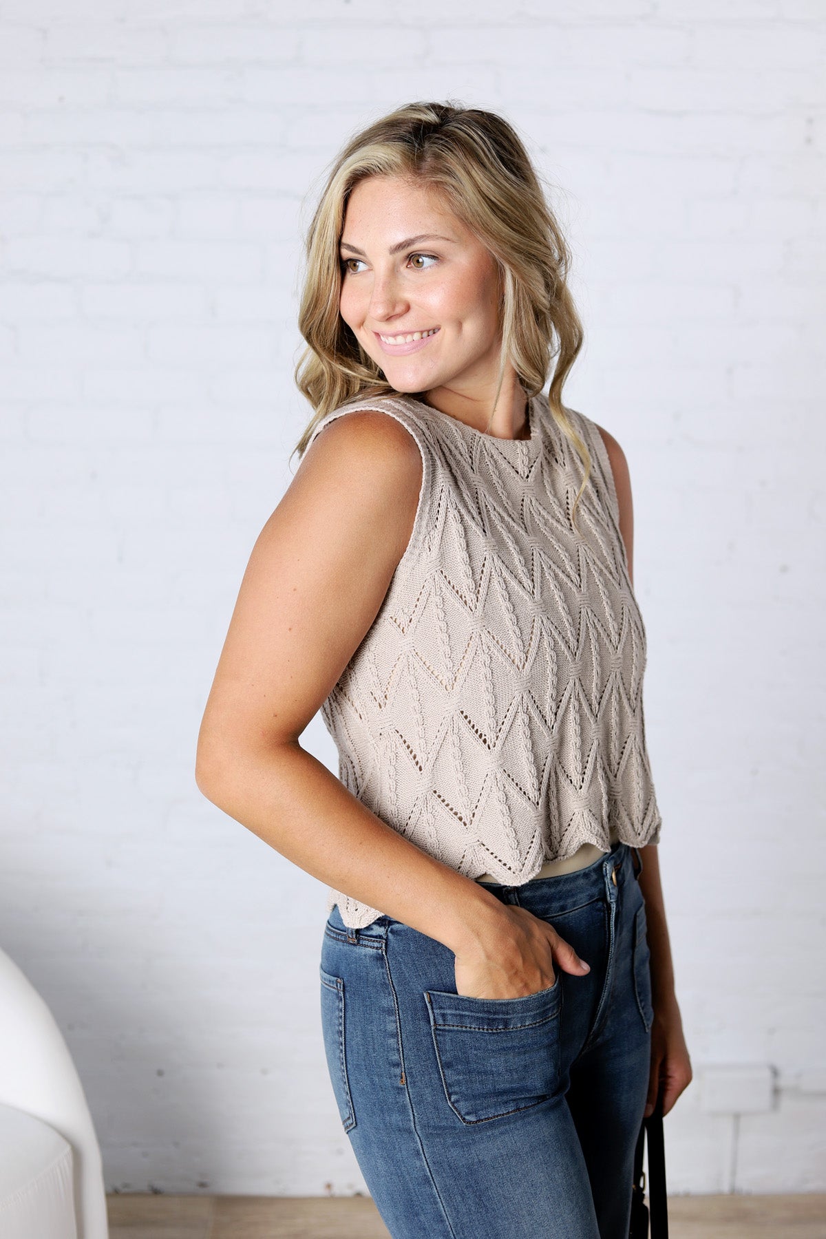 Tristyn Knit Top with Scallop Hem - Beige