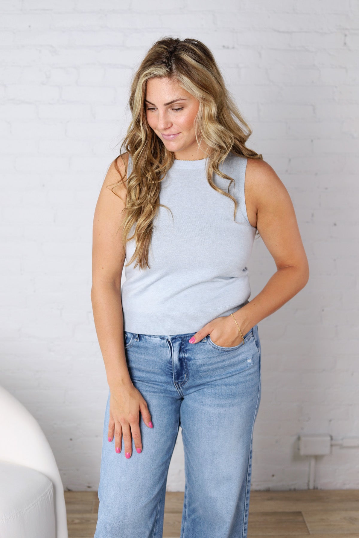 Tulia Lightweight Boatneck Sweater Tank - Dusty Blue
