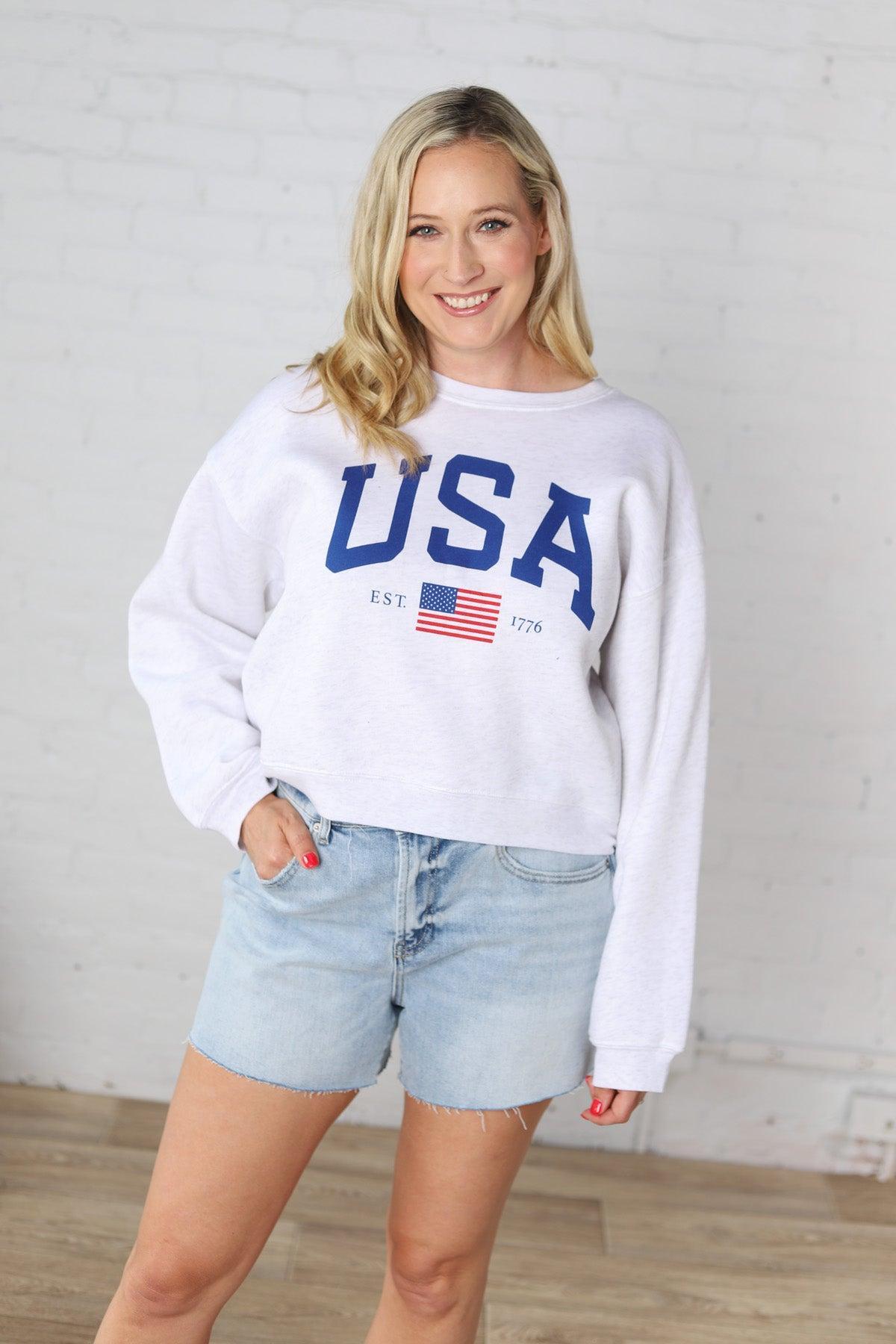 USA Est 1776 Graphic Sweatshirt - White Heather