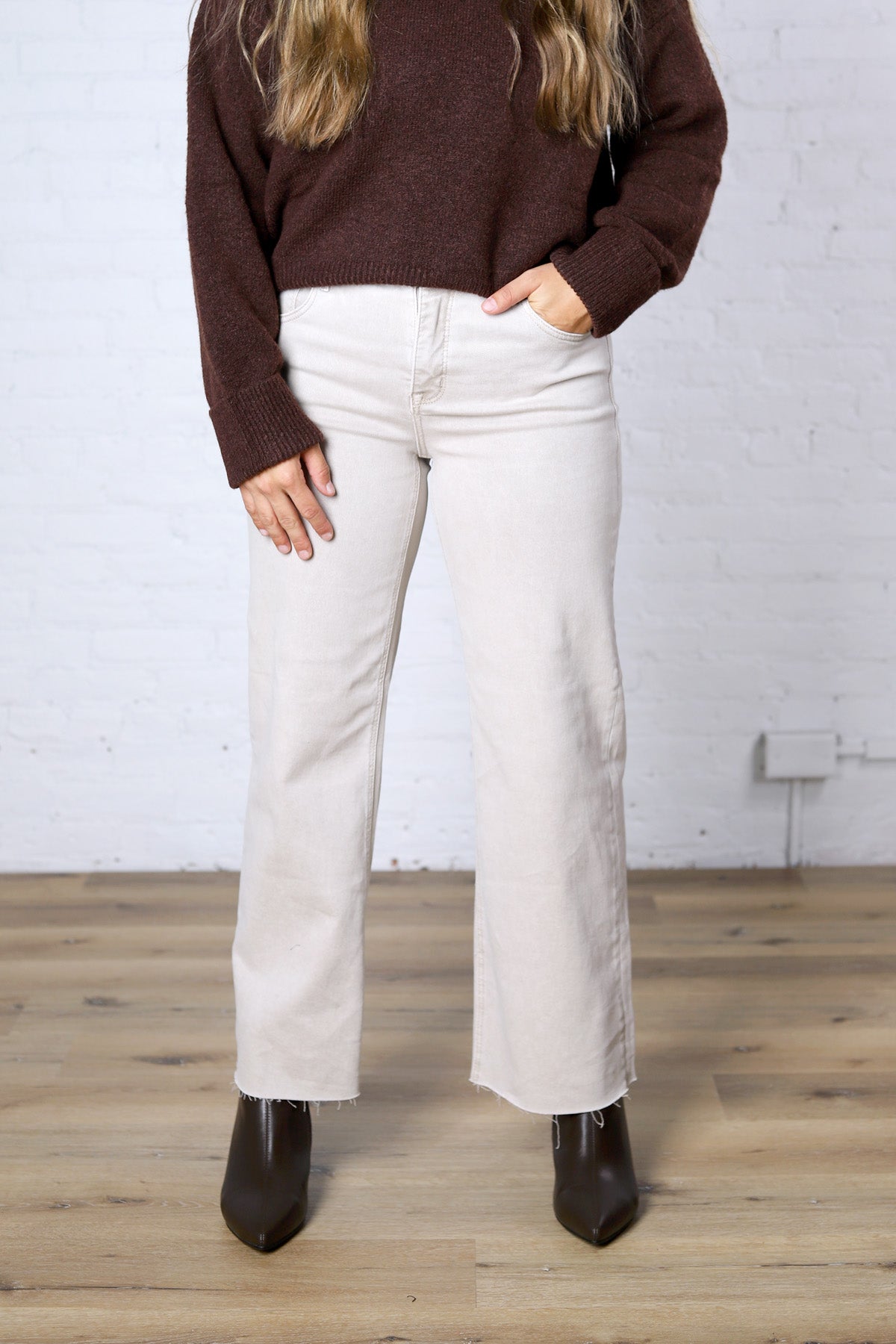 Vada Tummy Control Mid Rise Ankle Straight Denim - Almond