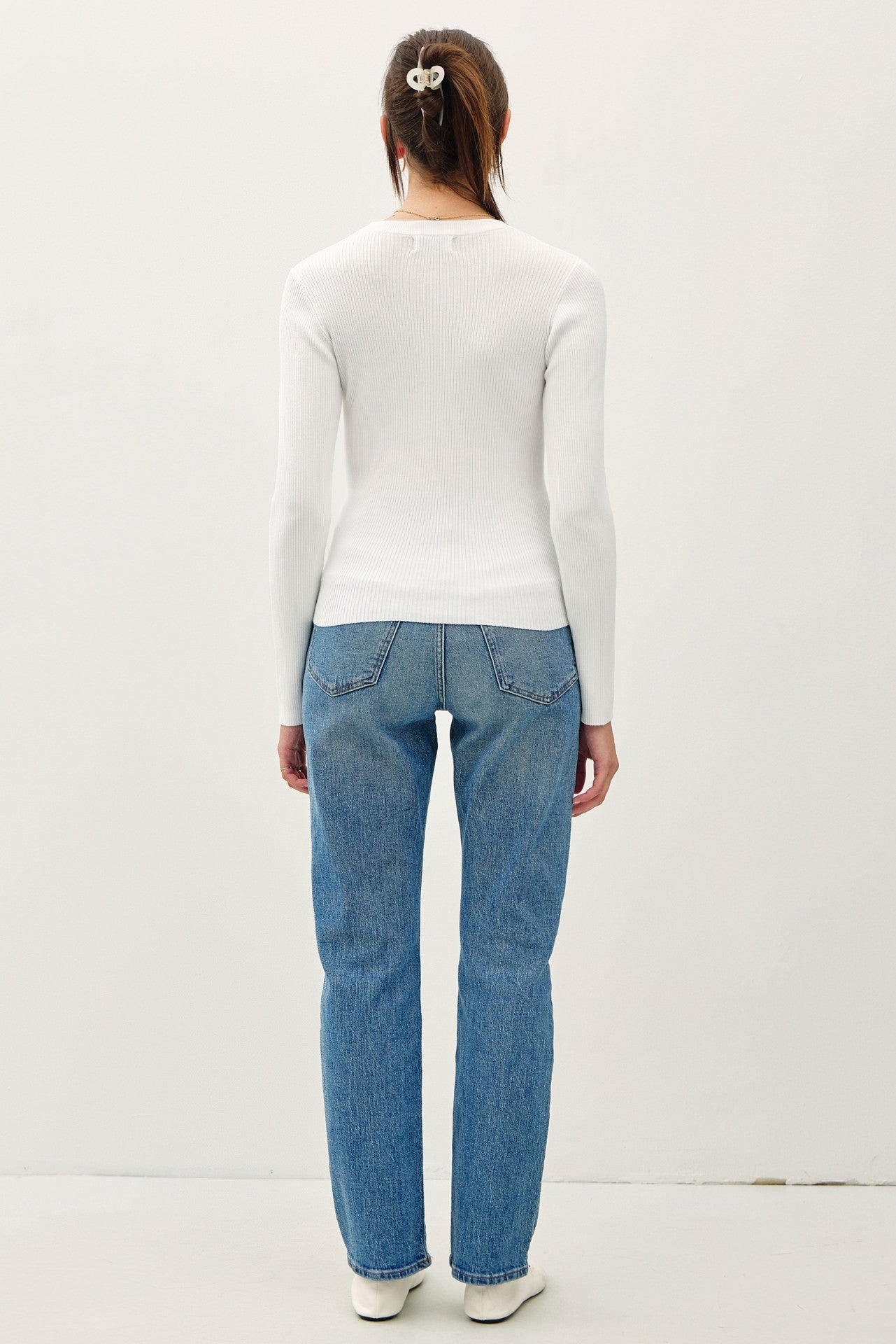 Vayra Classic Crewneck Long Sleeve Rib Top - Ivory