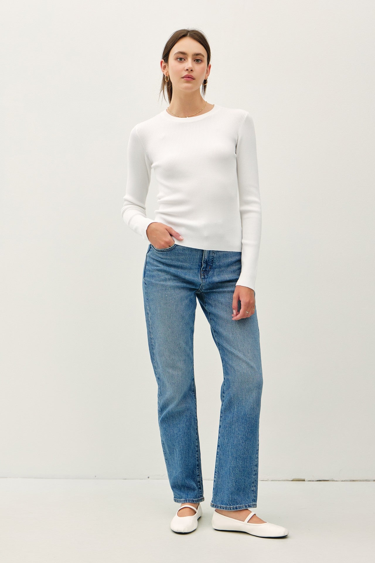 Vayra Classic Crewneck Long Sleeve Rib Top - Ivory