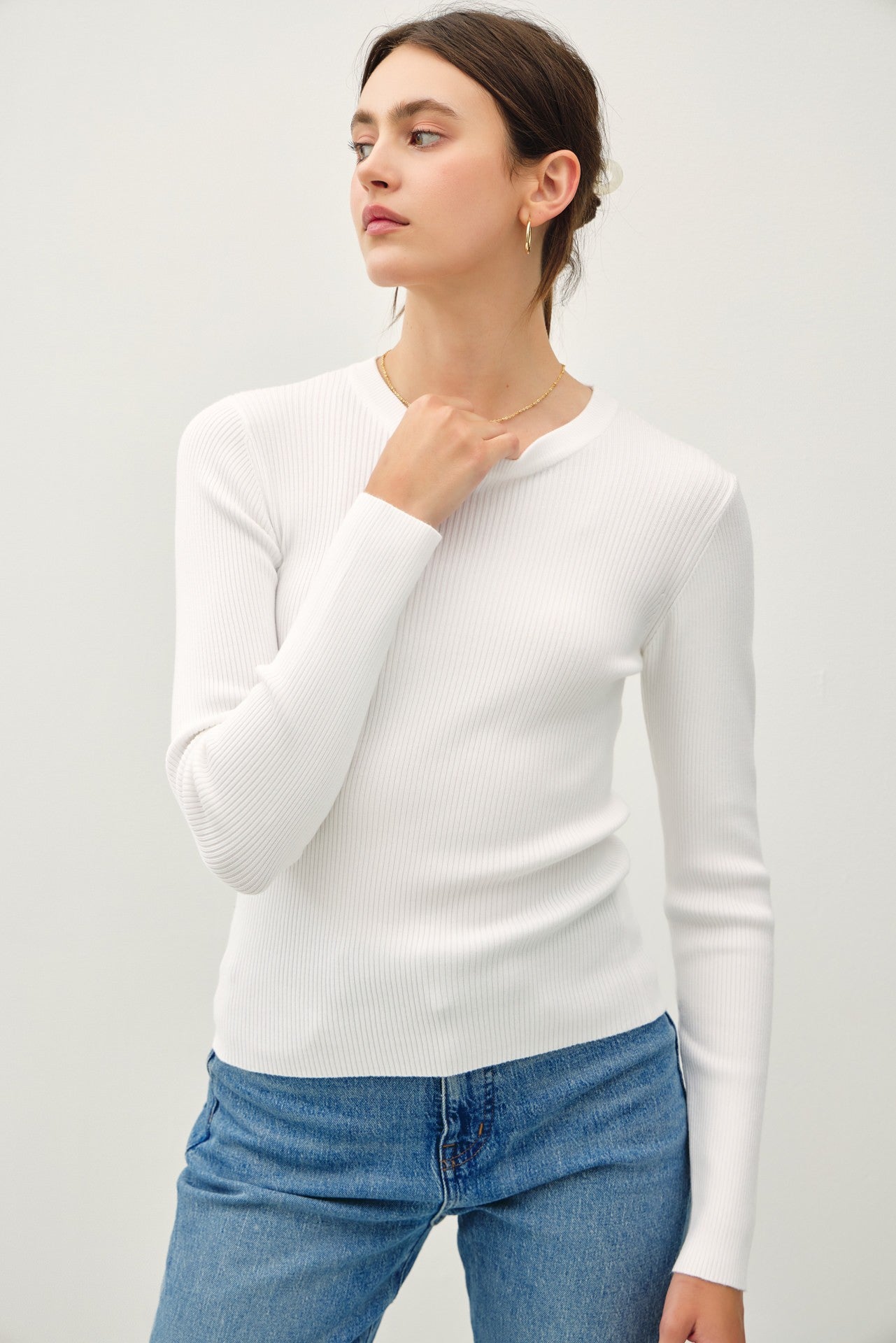 Vayra Classic Crewneck Long Sleeve Rib Top - Ivory