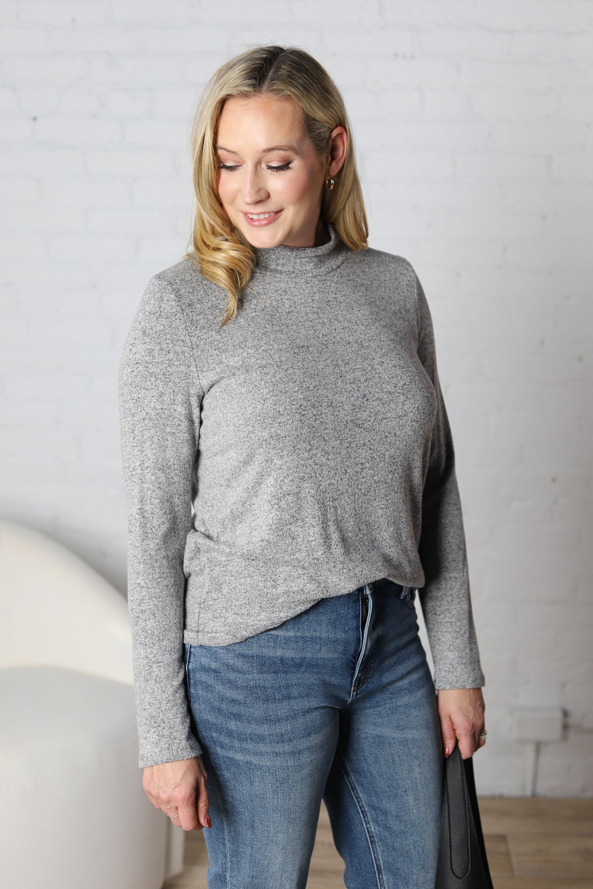 Veda Mock Neck Relaxed Fit Top - Heather Grey