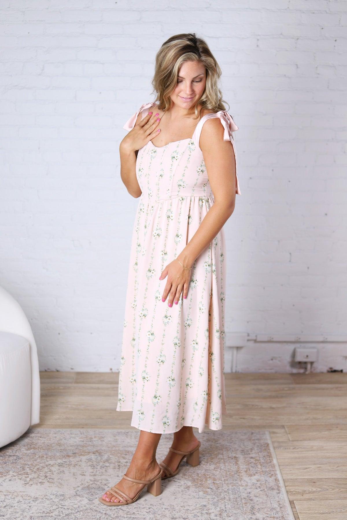 Vera Stripe Floral Corset Midi Dress - Blush FINAL SALE