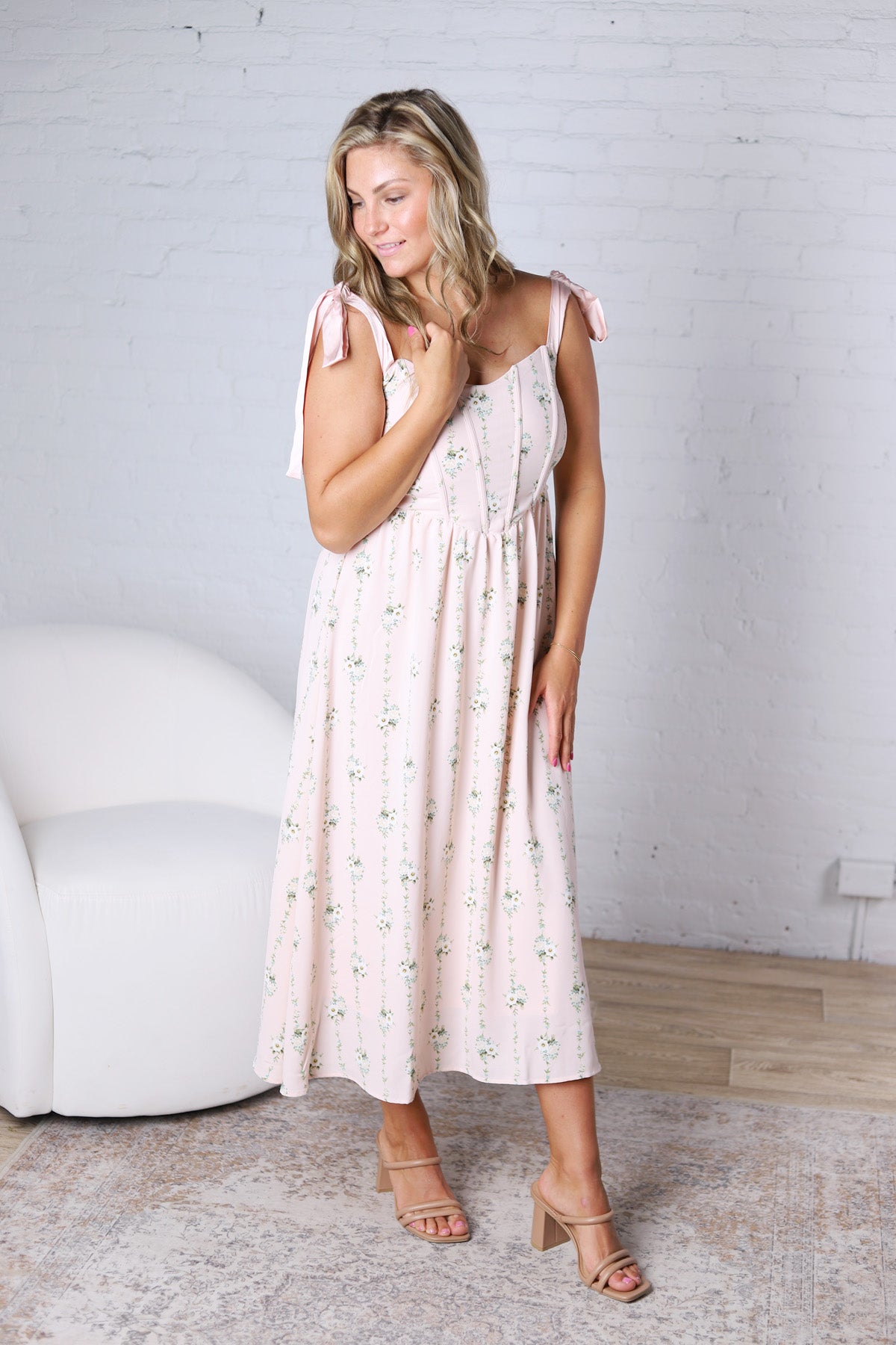 Vera Stripe Floral Corset Midi Dress - Blush FINAL SALE
