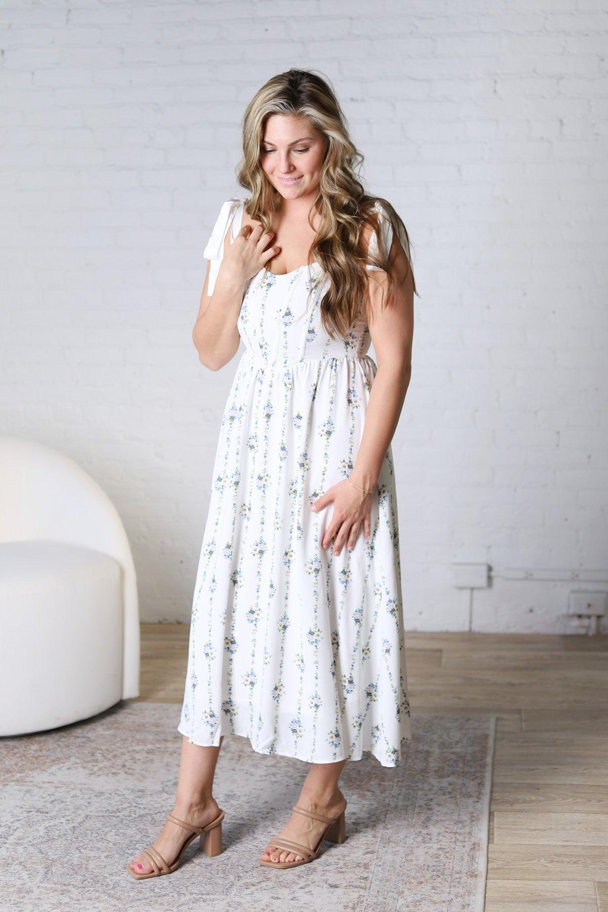 Vera Stripe Floral Corset Midi Dress - Ivory
