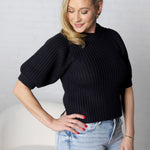 Victoria Round Neck Short Sleeve Knit Sweater - Black