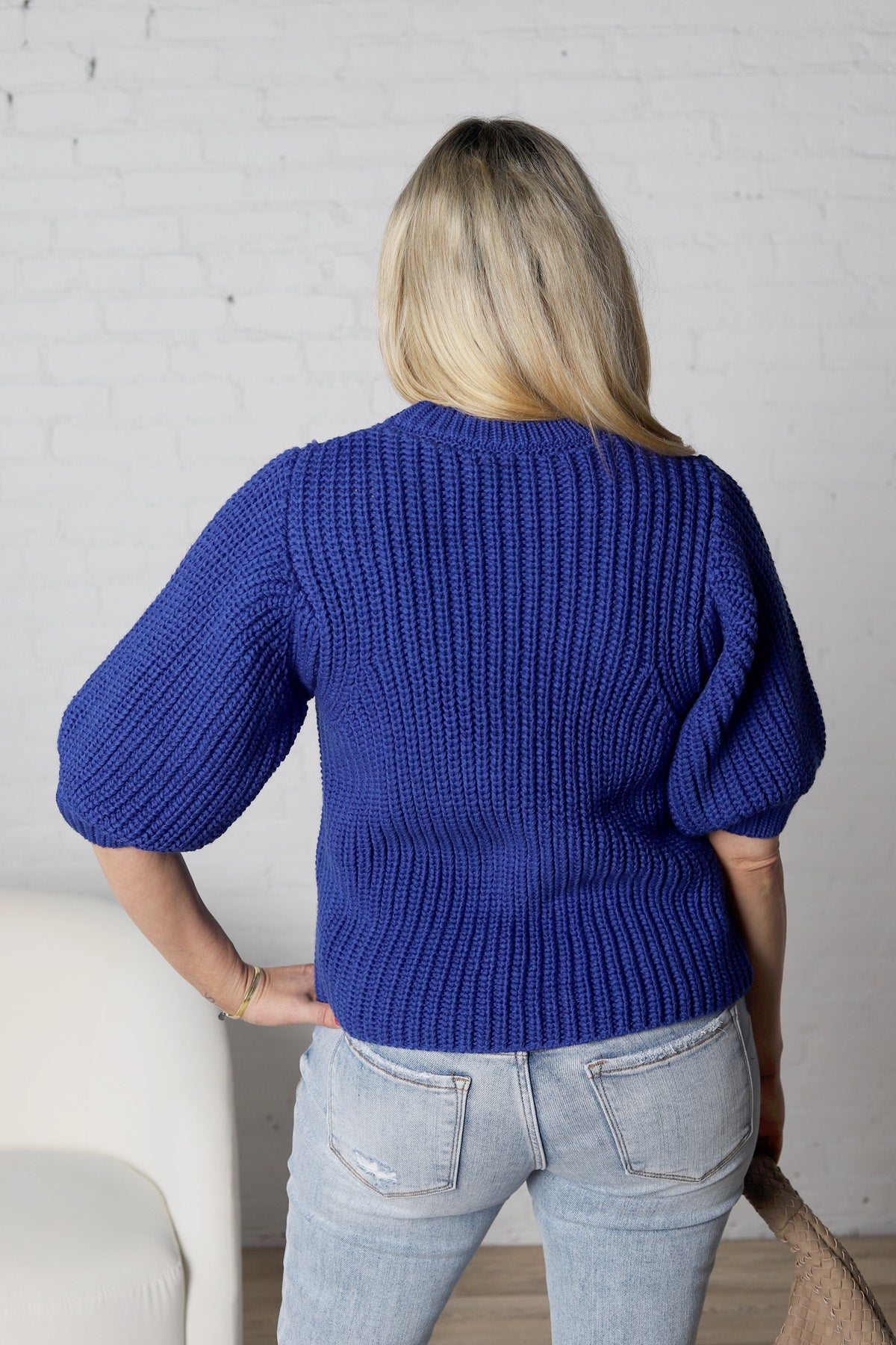 Victoria Round Neck Short Sleeve Knit Sweater - Cobalt Blue