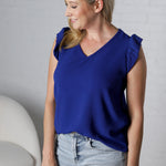Vienne V-Neck Detail Top with Ruffled Sleeves - Royal