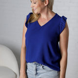 Vienne V-Neck Detail Top with Ruffled Sleeves - Royal