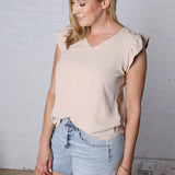 Vienne V-Neck Detail Top with Ruffled Sleeves - Sand