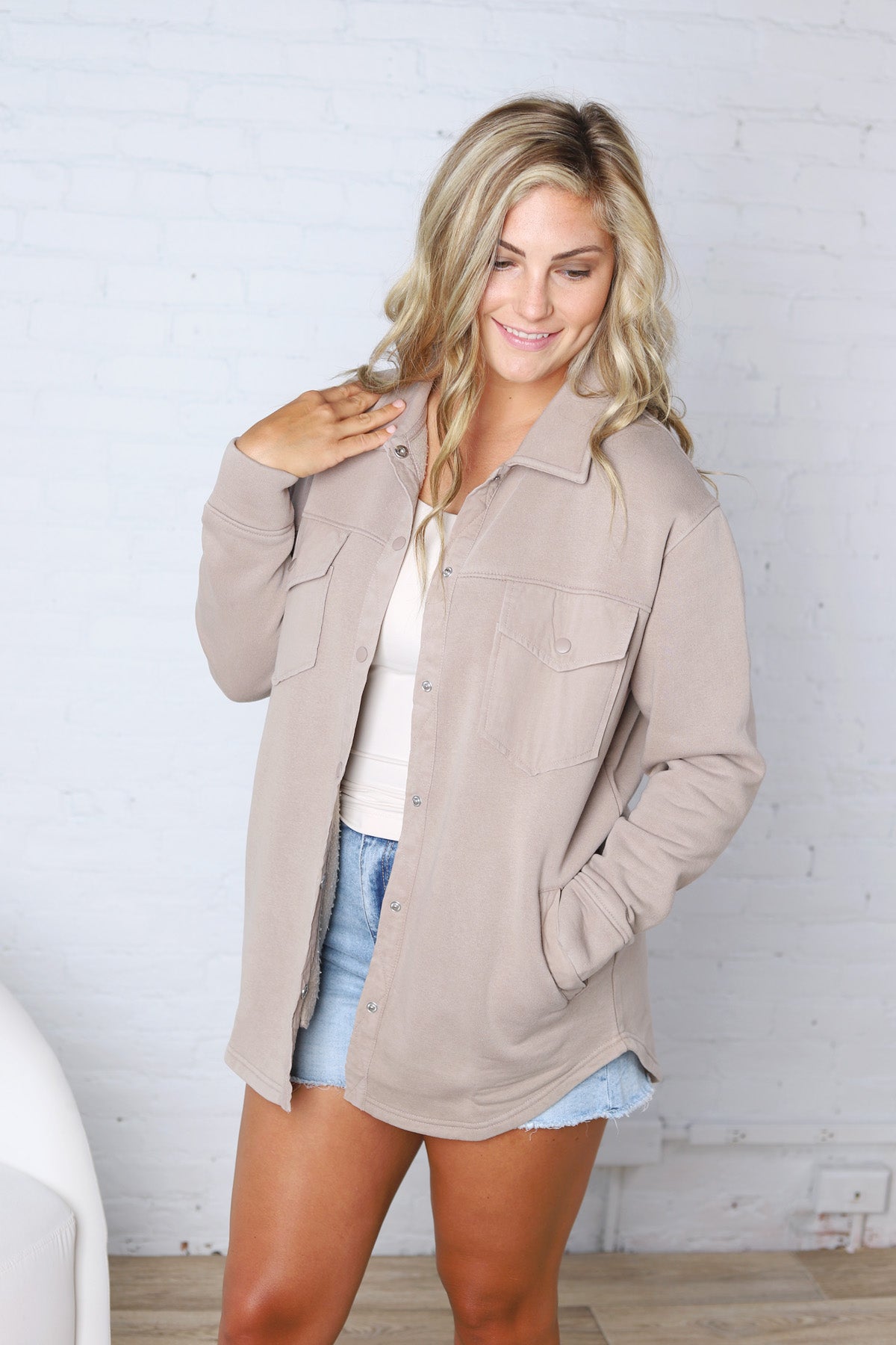 Vina Snap on Shacket with Pockets - Taupe