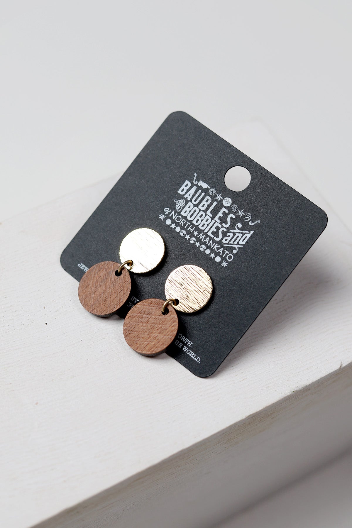 Walnut Disc Bushed Gold Earrings