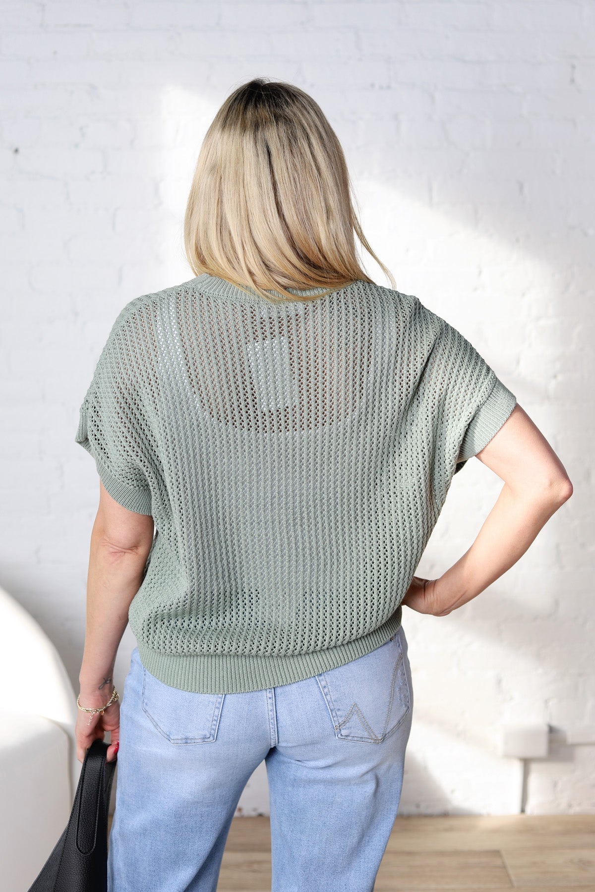 Willow Open-knit Dolman Sleeve Top - Sage Green