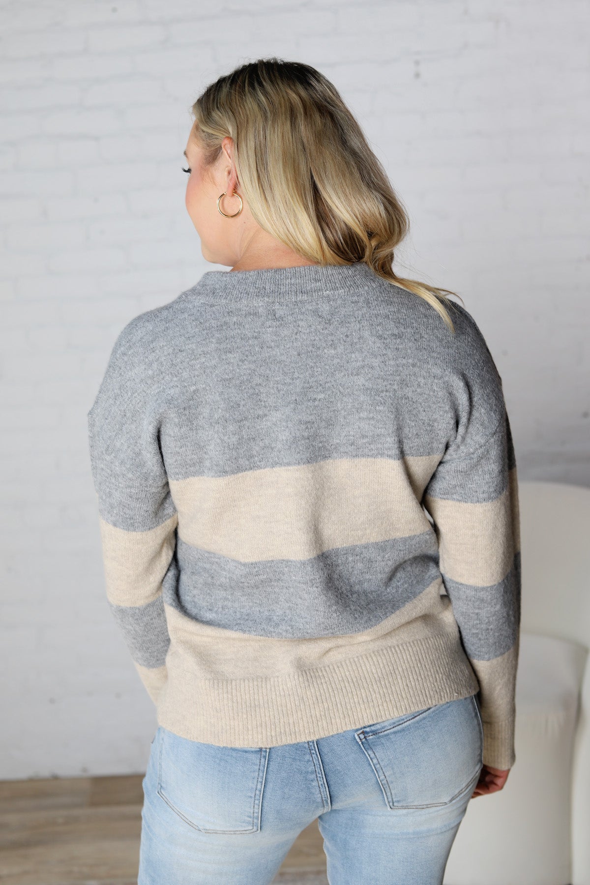 Yara Striped Oversize Cut Sweater - Grey