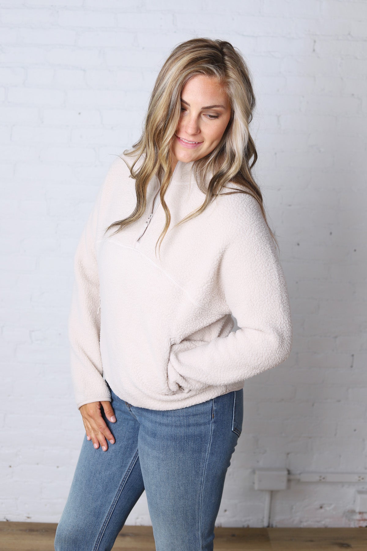 Zella Sherpa Fleece Half Zipper Pullover Top - Ecru