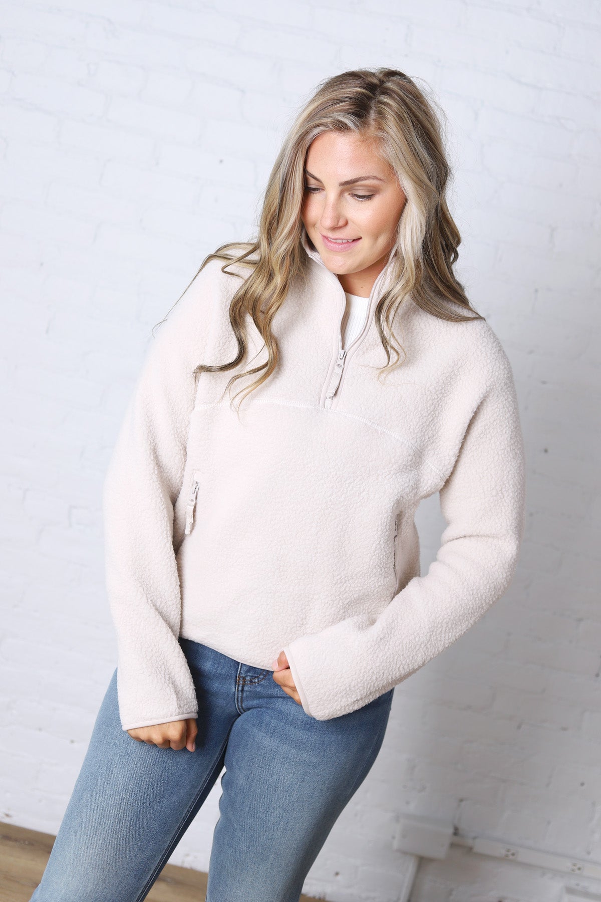 Zella Sherpa Fleece Half Zipper Pullover Top - Ecru