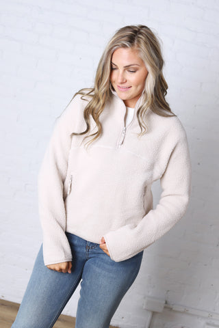Zella Sherpa Fleece Half Zipper Pullover Top - Ecru