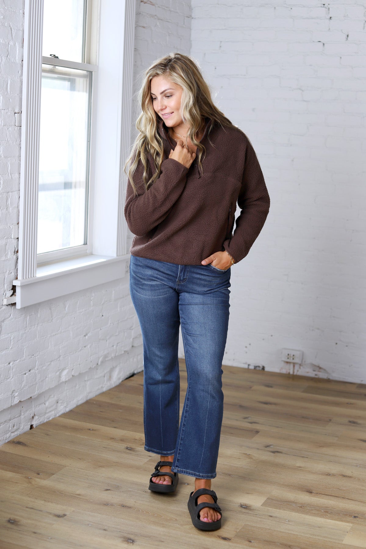 Zella Sherpa Fleece Half Zipper Pullover Top - Espresso