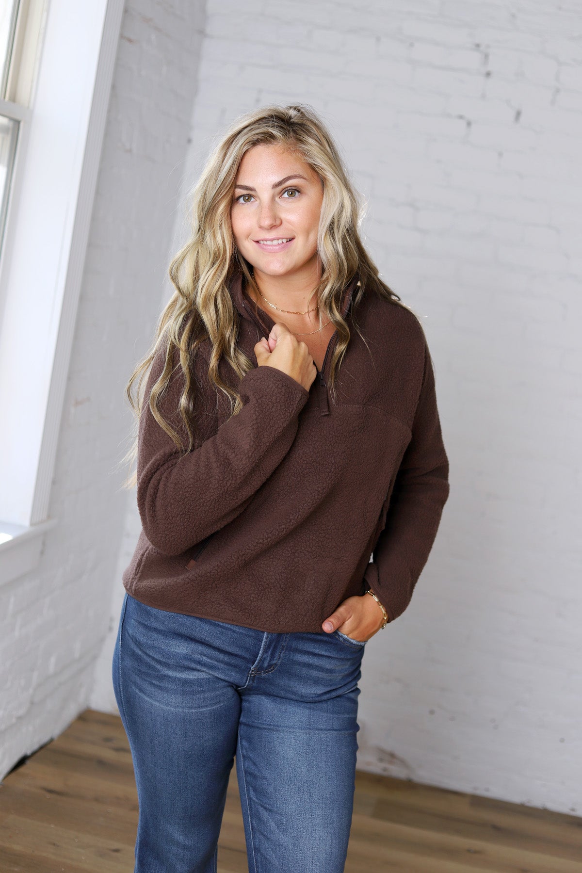 Zella Sherpa Fleece Half Zipper Pullover Top - Espresso