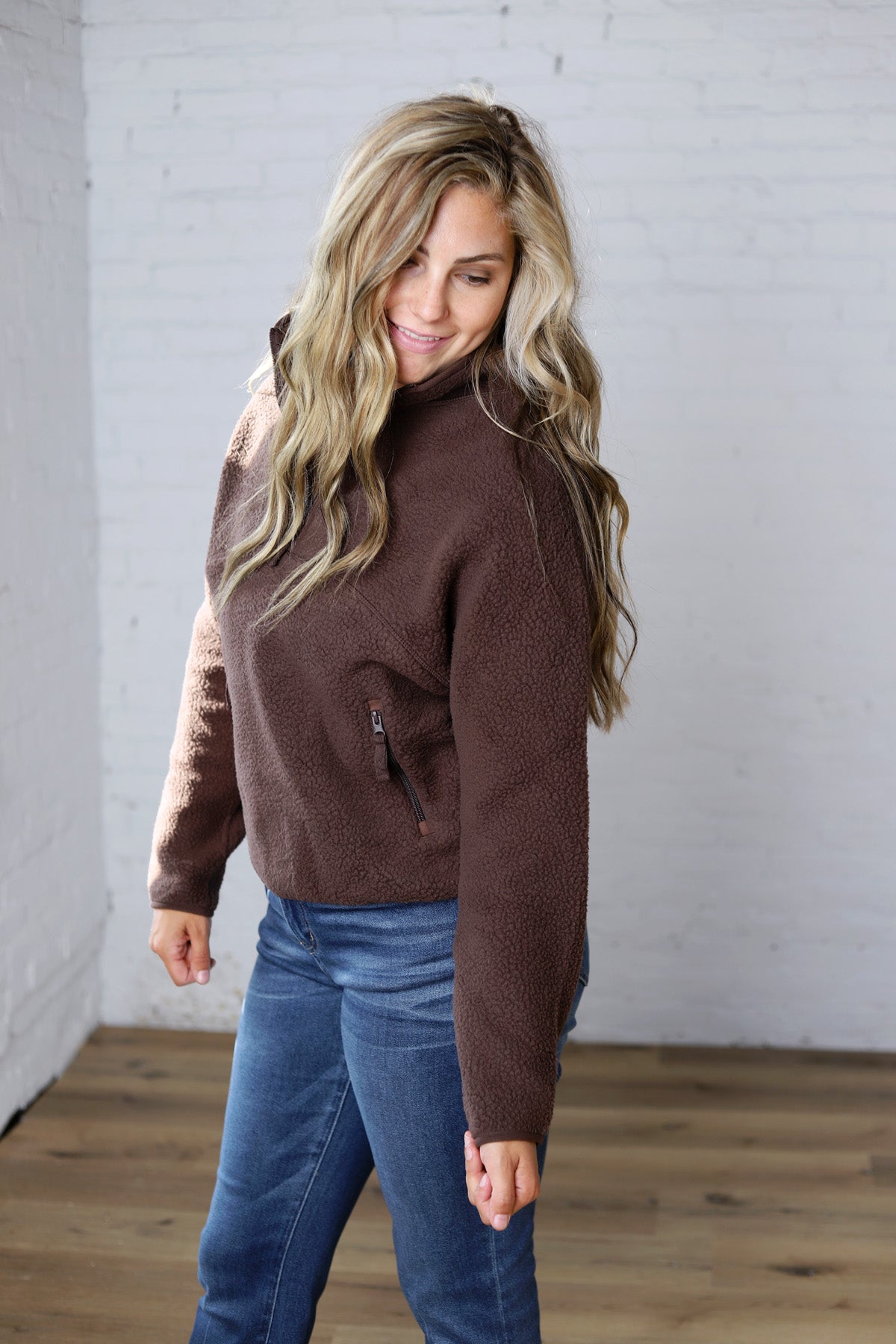 Zella Sherpa Fleece Half Zipper Pullover Top - Espresso