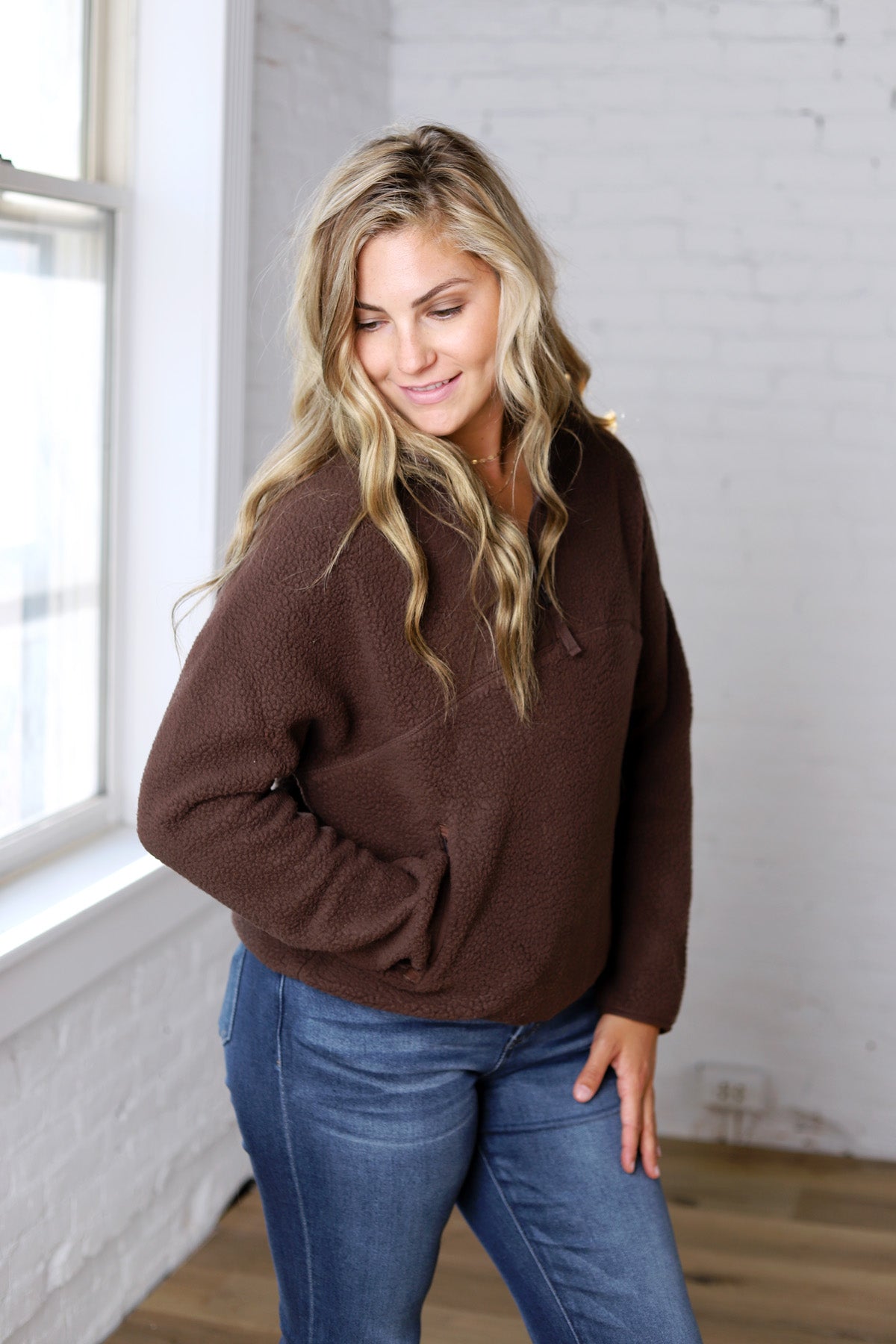 Zella Sherpa Fleece Half Zipper Pullover Top - Espresso