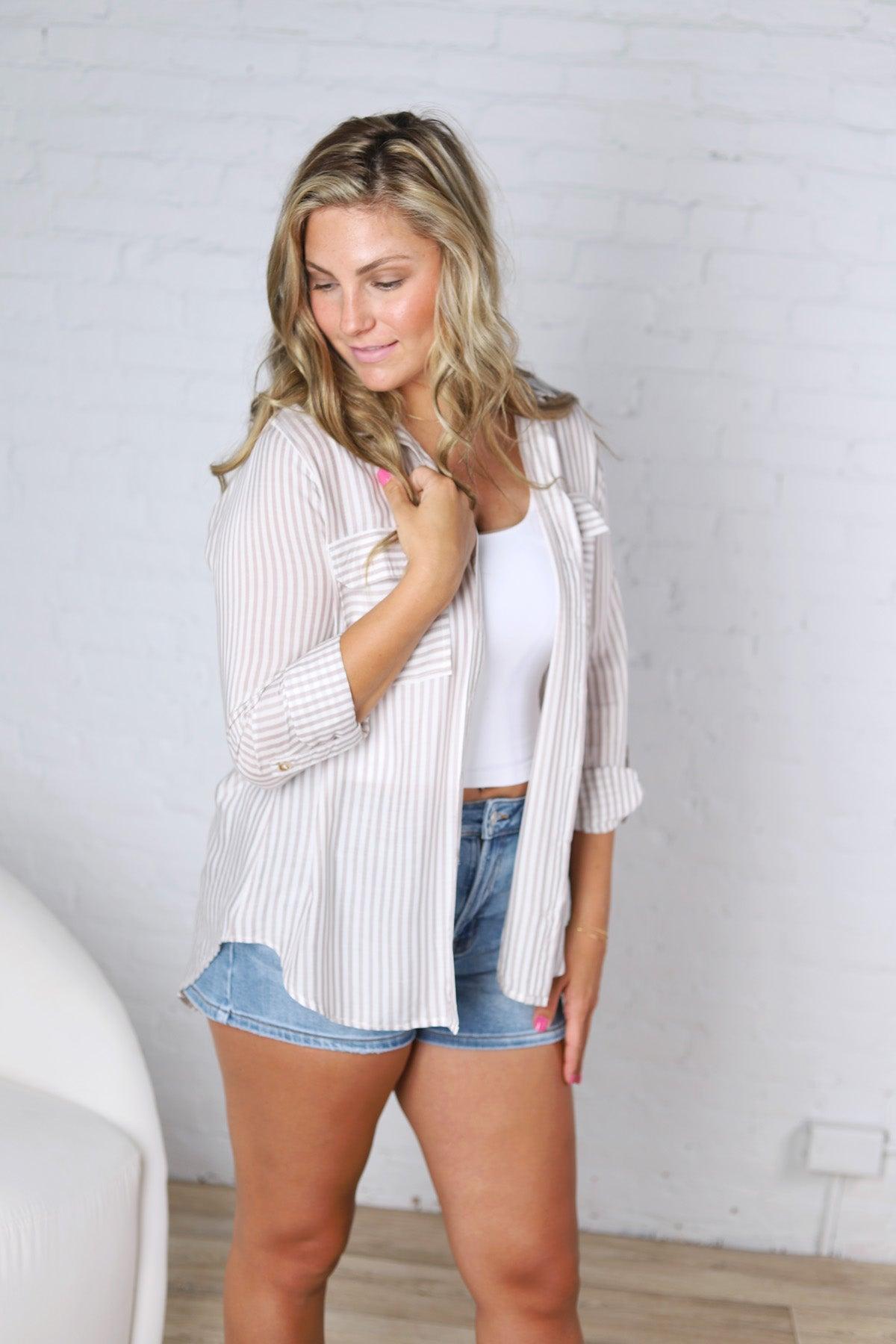 Zoey Stripe Collared Button Down Shirt - Lt Mocha