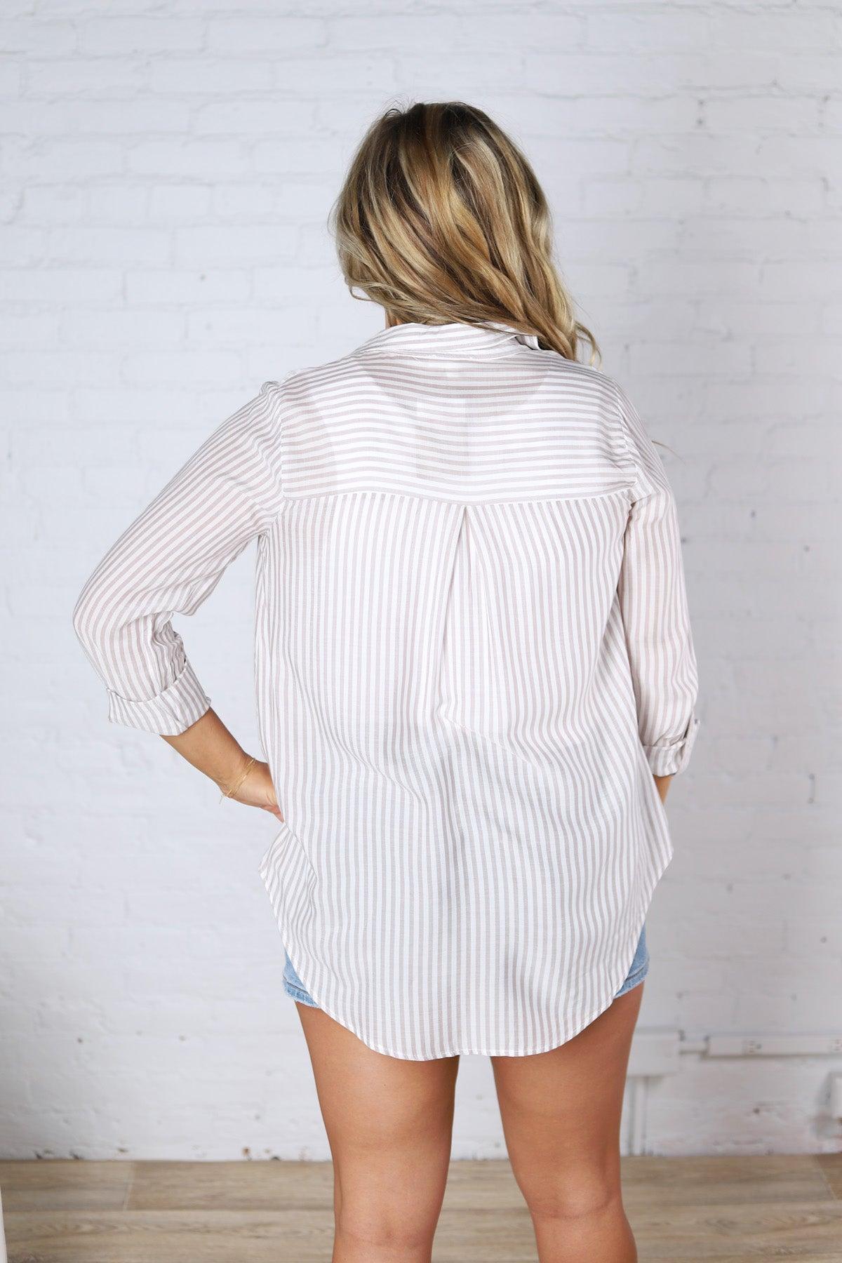 Zoey Stripe Collared Button Down Shirt - Lt Mocha