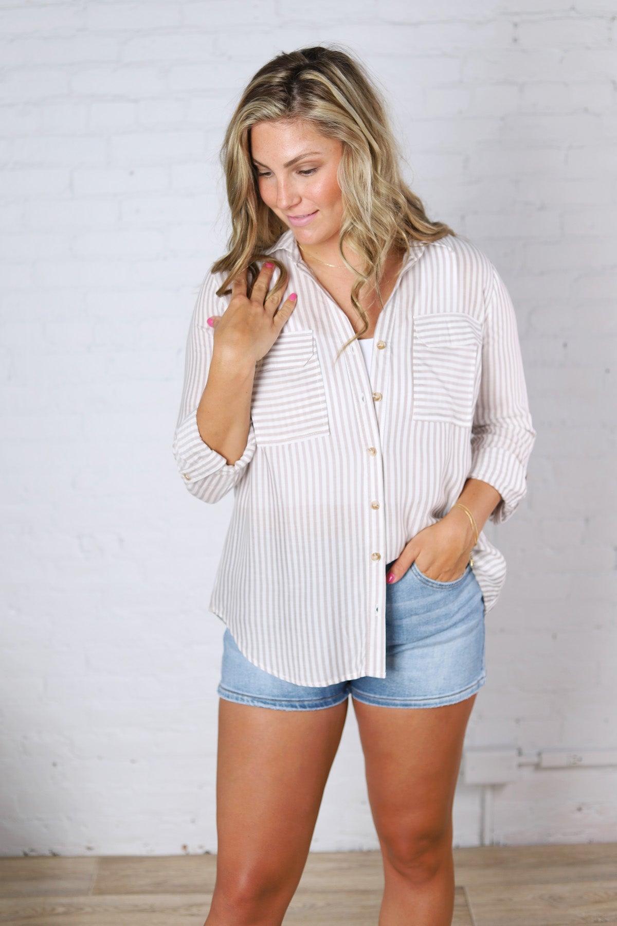 Zoey Stripe Collared Button Down Shirt - Lt Mocha