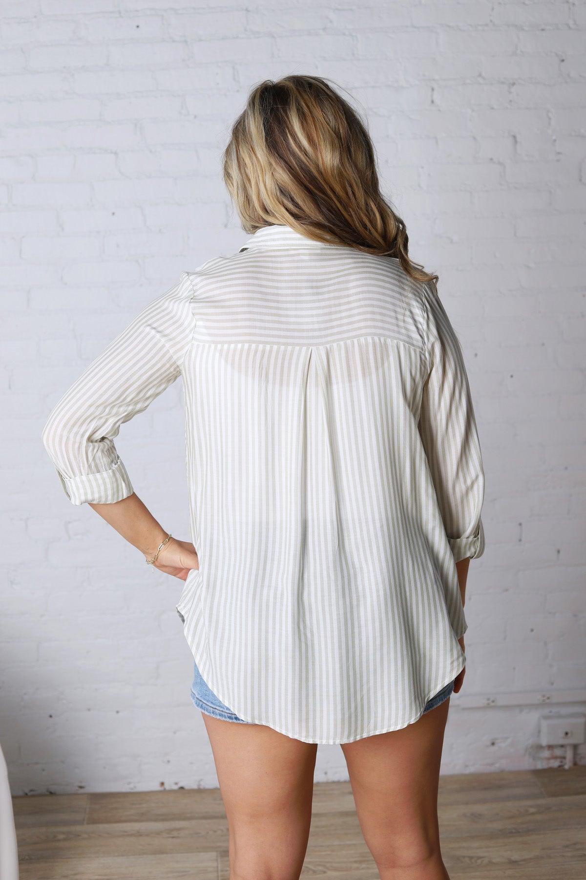 Zoey Stripe Collared Button Down Shirt - Lt Olive