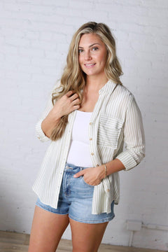 Zoey Stripe Collared Button Down Shirt - Lt Olive