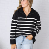 Zuri Quarter Zip Up Stripe Pullover - Black