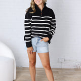 Zuri Quarter Zip Up Stripe Pullover - Black FINAL SALE