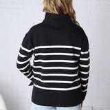 Zuri Quarter Zip Up Stripe Pullover - Black FINAL SALE