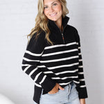 Zuri Quarter Zip Up Stripe Pullover - Black FINAL SALE