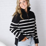 Zuri Quarter Zip Up Stripe Pullover - Black FINAL SALE