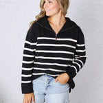 Zuri Quarter Zip Up Stripe Pullover - Black FINAL SALE