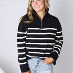 Zuri Quarter Zip Up Stripe Pullover - Black FINAL SALE