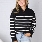 Zuri Quarter Zip Up Stripe Pullover - Black FINAL SALE