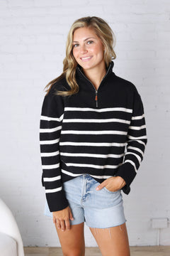 Zuri Quarter Zip Up Stripe Pullover - Black FINAL SALE