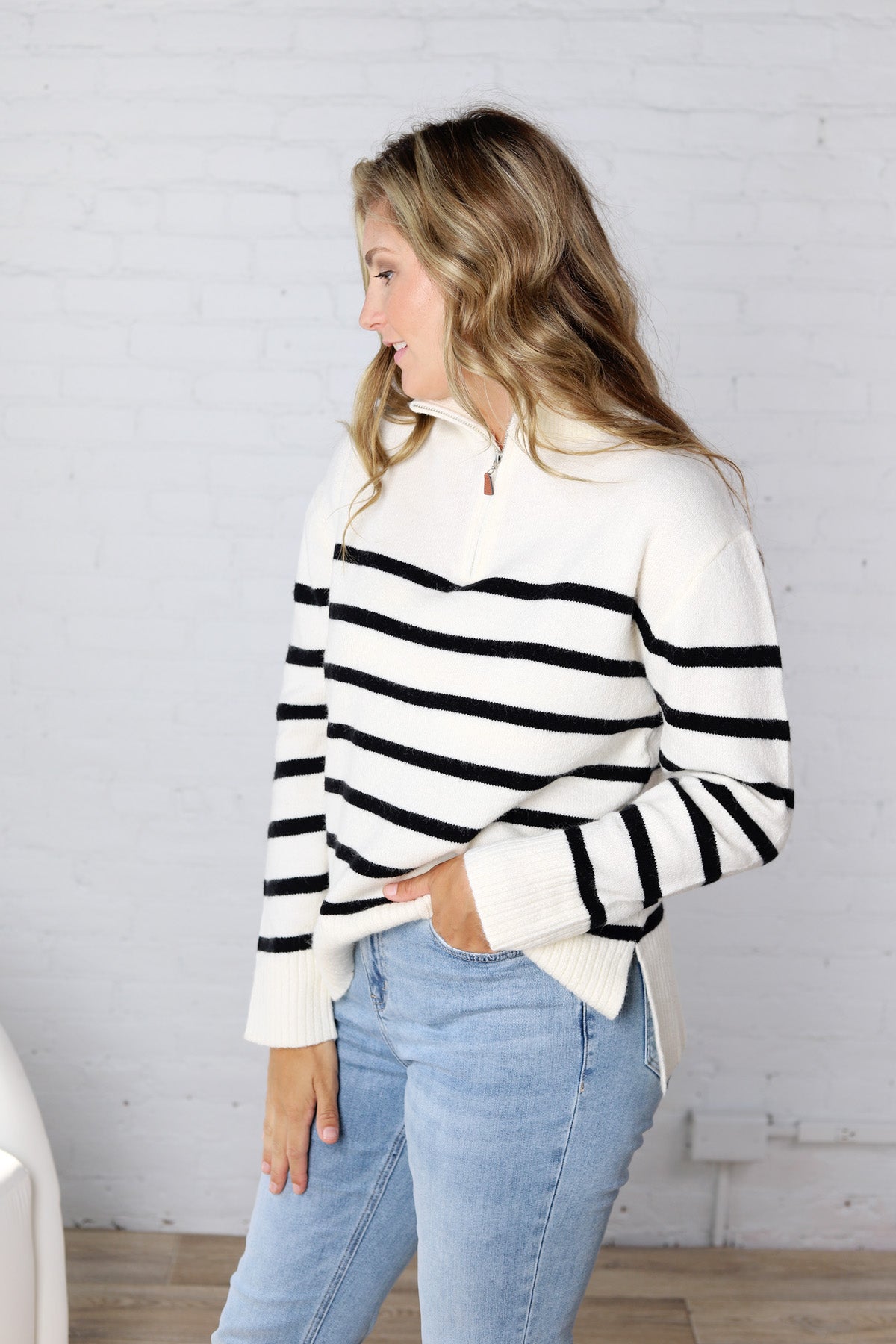 Zuri Quarter Zip Up Stripe Pullover - Ivory