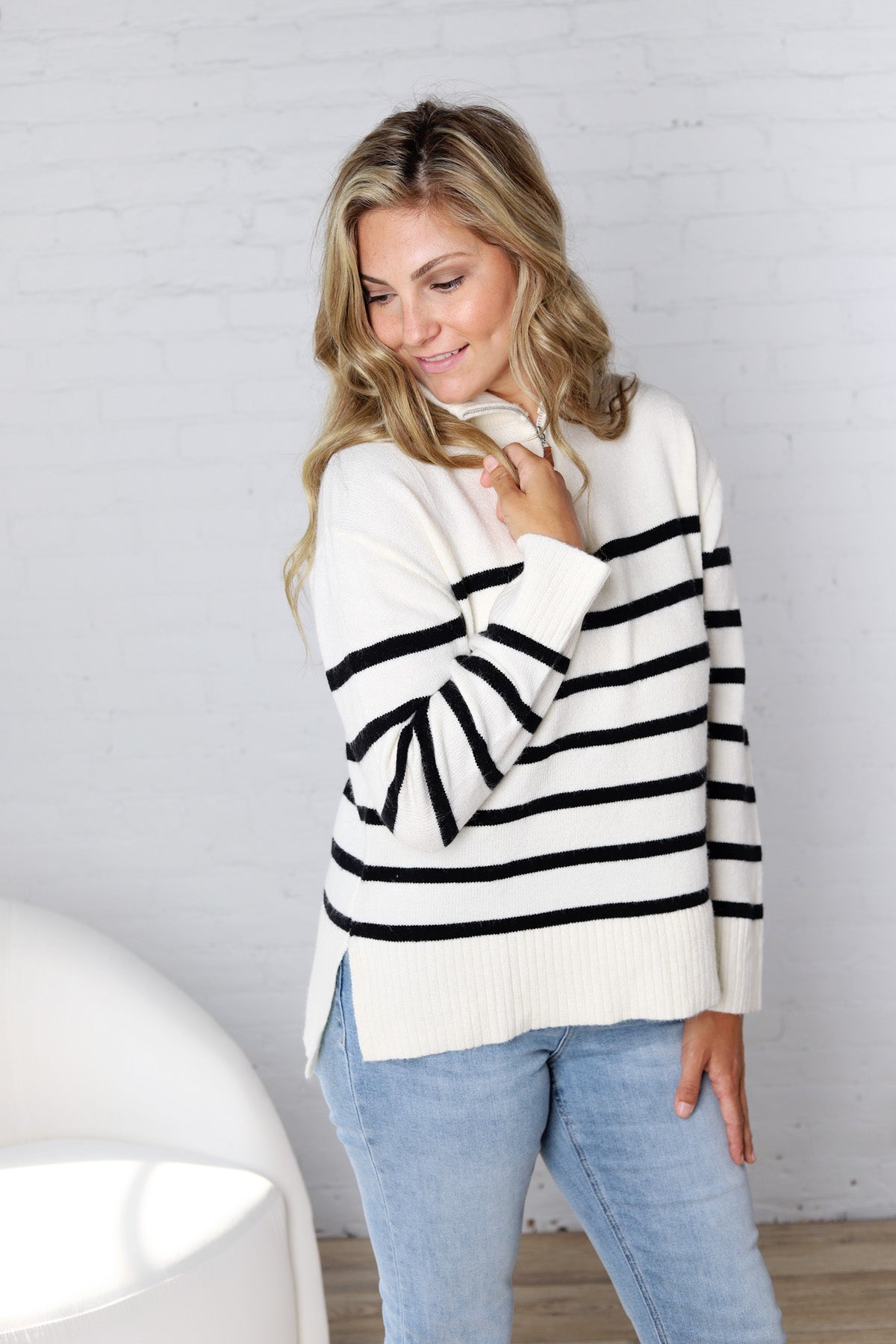 Zuri Quarter Zip Up Stripe Pullover - Ivory