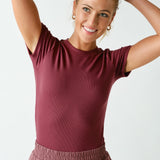 Anya Essential Short Sleeve Micro-Ribbed Top - Rosewood